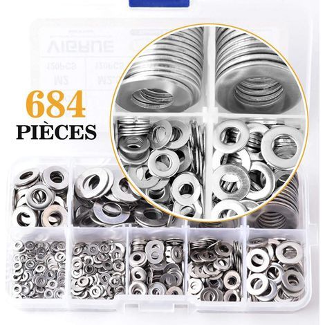 684PCS Rondelles Plates en 304 Acier Inoxydable Assortiment,M2 M2.5 M3 M4 M5 M6 M8 M10 M12 Rondelle Plate pour L'étanchéité des Vis Bagues D'étanchéité-Livré avec boîte (Gris) (1/5)