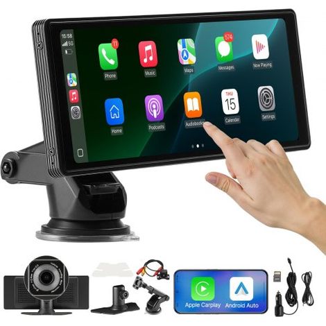 Estéreo Inalámbrico a Coche, Radio Portátil HD con Pantalla Táctil, Apple CarPlay y Android Auto, Pantalla CarPlay con Cámaras Delantera y Trasera, Control Voz, Bluetooth y Navegación GPS (1/5)