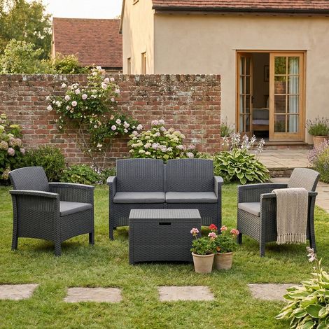 Set de Sala de Estar Exterior Ranica, Sofá para 2, Mesa Hecha en Italia, Mesa Contenedor, Antracita Negra (1/3)