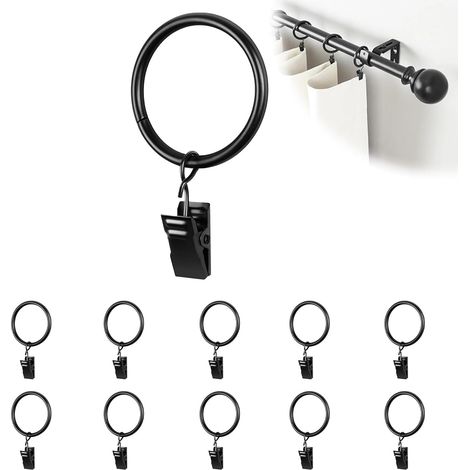10 Pièces Anneaux Rideaux avec Pinces, 25Mm Anneaux De Rideaux avec Clips, Rideaux, Portes-Fenêtres Et Rideaux De Douche Adaptés Aux Tringles À Rideaux, Noir (1/5)
