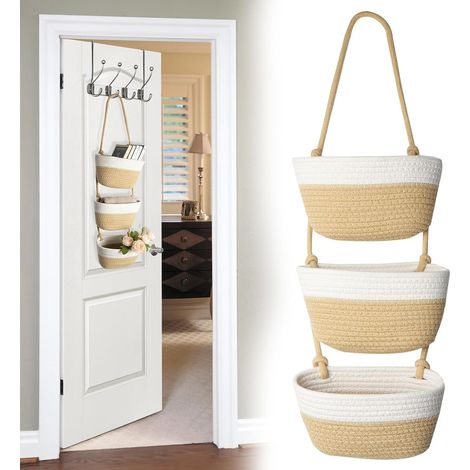 Panier suspendu à 3 niveaux en coton tressé - Panier suspendu au-dessus de la porte ou à montage mural, suspension par corde, paniers de rangement suspendus pour la chambre, la salle de bain et le (1/5)