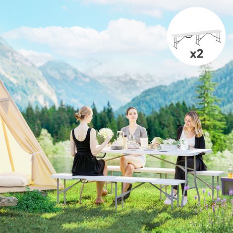 Panca da campeggio Outsunny, panca da esterno in plastica, portata massima 240 kg, colore bianco.