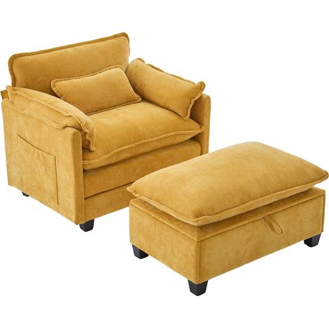 Fauteuil relax large avec repose-pieds coffre de rangement, poche latérale et coussin, siège de lecture en tissu jaune pour salon, chambre ou bureau CHICFURN (1/5)