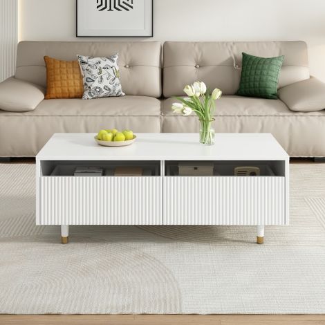 Table basse blanc avec pieds en bois doré, 2 tiroirs et une bande lumineuse LED, 110x50x40 cm (1/5)