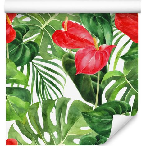 Papel pintado de flores rojas con hojas para salón y dormitorio, 50x1000 cm. (1/5)