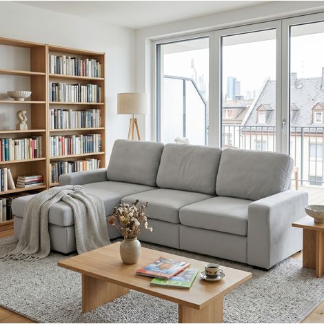 Ecksofa 245,5 cm in Hellgrau mit Stauraum, reversibler Ottomane und Taschenfederkern (1/5)