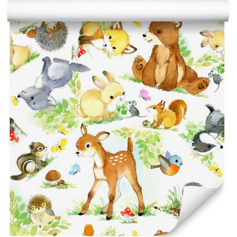 Papier peint « Animaux de conte de fées, forêt et feuilles » pour salon et chambre 50x1000 cm (1/5)