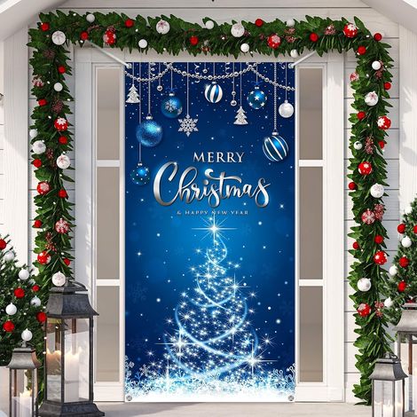 Bannière de porte de Noël 180 x 90 cm (bleue) - Décoration de Noël idéale pour les fêtes d'hiver, les photos de fête et les décorations de porte. (1/5)