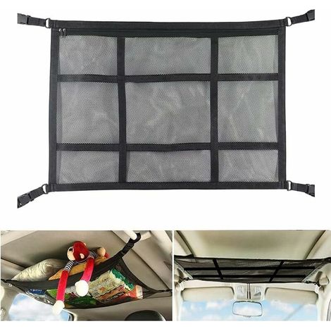 [NON UTILIZZATO] Rete portaoggetti da soffitto per auto, 78 x 53 cm, fibbia ad anello a D regolabile, organizer per tetto per auto, camion, SUV, viaggi, escursioni, campeggio, accessori interni