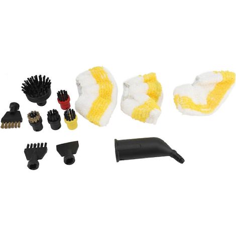 Ensemble de brosses et d'embouts pour nettoyeur vapeur : 5 brosses rondes, 2 brosses plates, 1 embout plat, 1 embout d'extension, 3