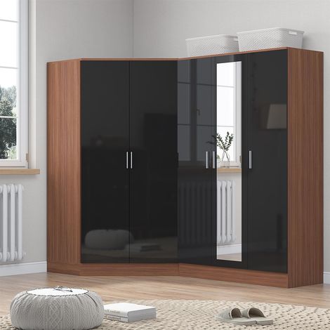 Reflect 2pc Wardrobe Bundle - 2 Door Corner + 3 Door Mirror - Black Gloss & Walnut (1/5)