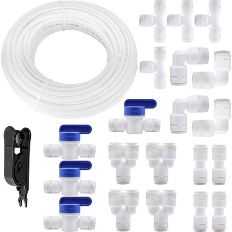 20M Tuyau d'alimentation en Eau Tube1/4"Kit de Connecteurs de Réfrigérateur,Purificateurs d'eau à Connexion Rapide Raccords de Tube Type Y+T+I+L+Robinet à Bille Systèmes d'osmose Inverse-Blanc (1/5)