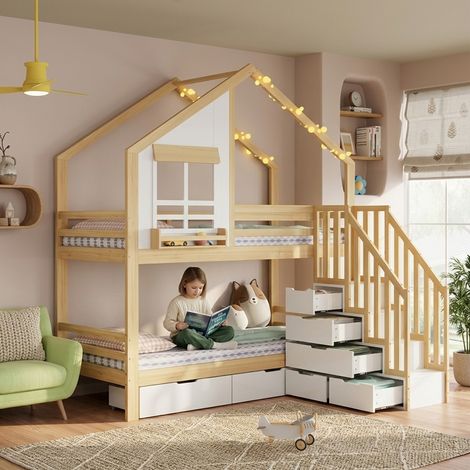 Lit superposé enfant 90x200 avec tiroirs de rangement et escalier sécurisé, Lit cabane avec fenêtres en bois de pin et MDF, Blanc et Nature (1/5)