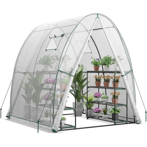 COSTWAY Serra da Giardino 181 x 181 x 200 CM, Serra a Tunnel da Esterno con 2 Porte con Zip, 2 Finestre, Copertura in PE Impermeabile e Tasche Laterali, Serra Invernale per Giardino (Bianco) (1/5)