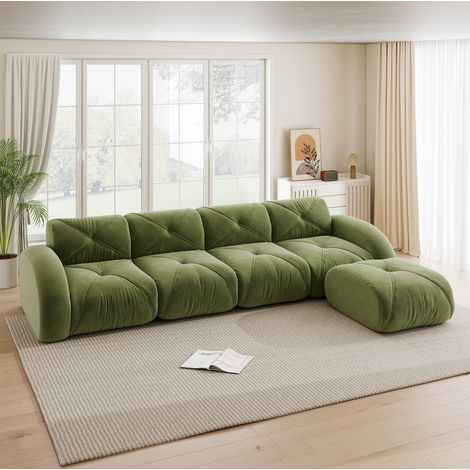 Sofá modular esquinero en L de 4 plazas en chenilla verde con puf, sin montaje (1/5)