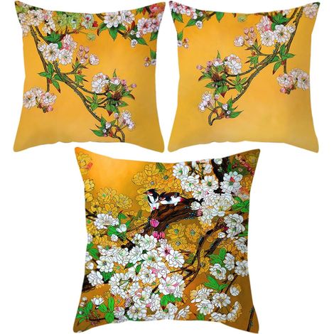 JSSEVN - 3-Piece Cushion Cover Set, 45x45cm, Flower and Bird Design, Zipper Closure, for Sofa, Home, Garden Decoration, Yellow (1/5)