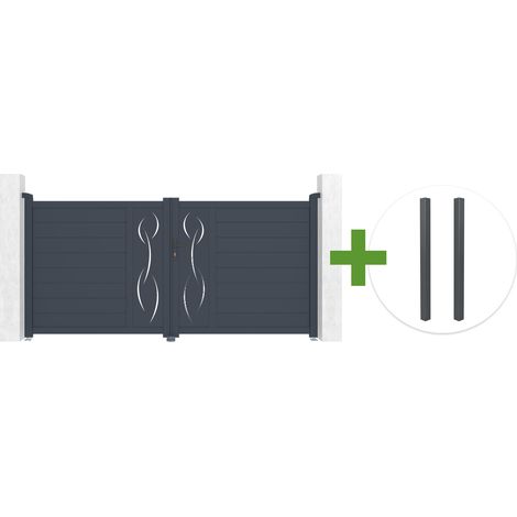 Portail battant 3m LIFE H.140cm aluminium gris + 2 poteaux ELDA aluminium gris 15x15cm (1/5)