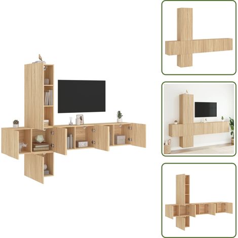 The Living Store Unités murales TV 5 pcs chêne sonoma bois d'ingénierie - Meuble Tv Mural - Étagère Murale - Rangement Mural - Unité Murale Tv - Meubles Tv (1/5)
