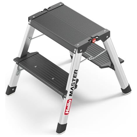Hailo Master D70 - Escalera de aluminio (2 x 2 peldaños, EN 14183, hasta 150 kg), color plateado