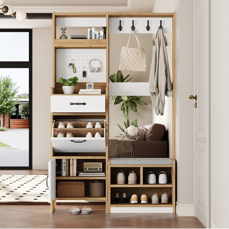 Appendiabiti multifunzionale da ingresso con panca, 1 cassetto, scarpiera, ganci, bianco naturale, 108,5x35x180 cm (1/5)