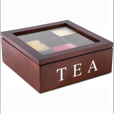 Aufbewahrungsbox aus Holz – Teebox – Teebeutel-Organizer – Geschenkbox mit neun Fächern – transparenter Acryldeckel – 23 x 23 x 9 cm – braun – Teebeutel nicht enthalten (1/5)