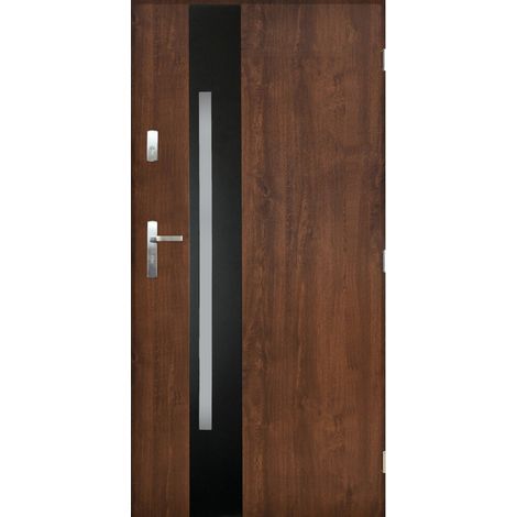Porte d'entrée GOTAN 90 cm en acier inoxydable couleur Noyer - Poignée et serrure : Sans - Tirant: Droit