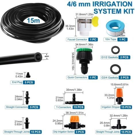 81 Pièces 4/6 mm Kit d'irrigation Goutte, 15m Tuyau d'irrigation, Systeme Irrigation, avec Raccords Cannelés Droits, Connecteurs en T, Bouchons d'extrémité, pour Jardin, Plantes