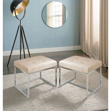 Hallowood Furniture Finley Set of 2 Velvet Dressing Table Stool, Cushioned Cream Fabric Vanity Chair in Chrome Metal Base, Footstool, Dressing Table Chair, Living Room, Hallway and Bedroom Furniture