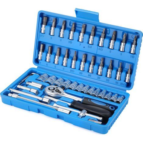 Jeu de 46 douilles à cliquet avec clé à cliquet 1/4", jeu d'embouts et mallette professionnelle – Pour voiture, maison et bricolage (1/5)