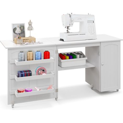 Large Foldable Sewing Table Rolling Drop Leaf Craft Table with Lockable Casters (1/5)