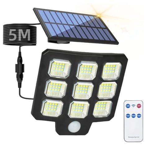 [NIEMALS VERWENDET] Solarlampen für Außen mit Bewegungsmelder, Solar LED Strahler mit Fernbedienung, IP65 Wasserdicht Solarleuchte Aussen, Split Solar Panel Außenleuchte mit 3m Kabel für Garage Garten