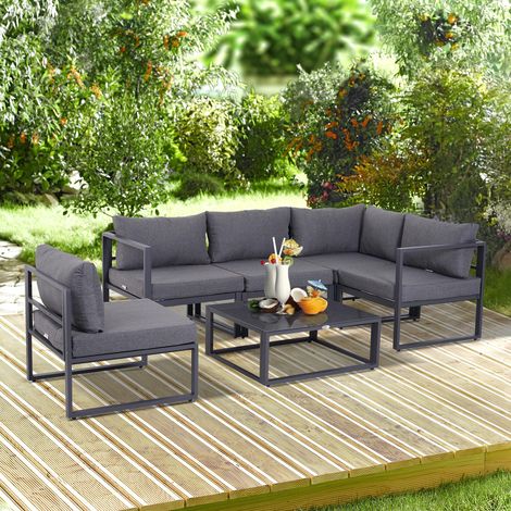Ensemble de mobilier de jardin 6 pièces, canapé de jardin, salon de jardin, mobilier de jardin, aluminium + polyester + verre trempé, gris, 4 fauteuils, 1 canapé d'angle, 1 table d'appoint, coussins, (1/4)