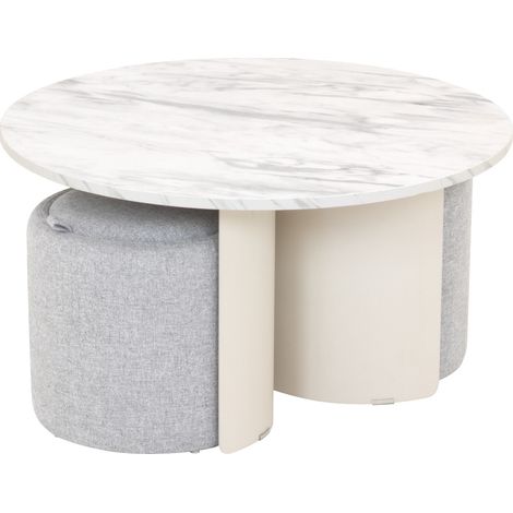 Mesa de café/centro MEERA con 2 asientos grises, tablero de melamina efecto mármol, estructura metálica en tono crema (Ø 80 x 45 cm) - MOG CASA