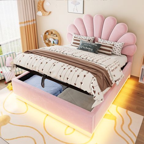 Letto contenitore francese 140x190 cm in velluto con testiera a fiore e LED, rete a doghe, apertura idraulica, stile scandinavo - Rosa (1/5)