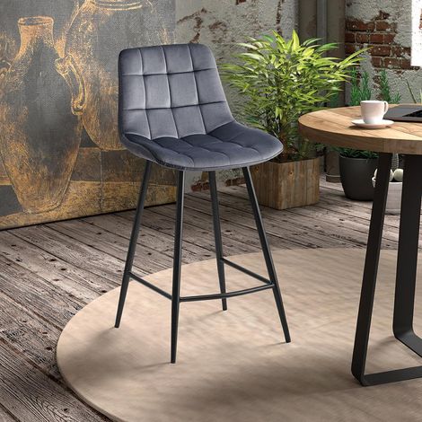 Tabouret de bar en velours gris JUSTINE (lot de 2) (1/5)