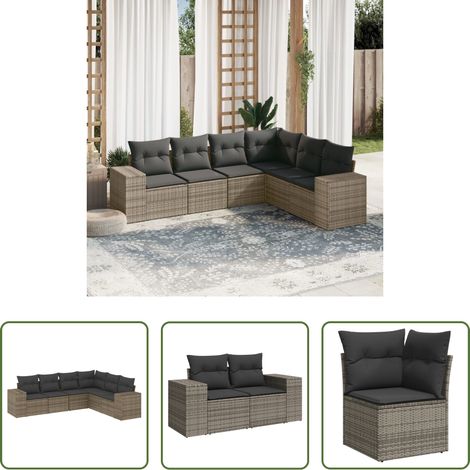Gartensessel -  6-tlg. Garten-Sofagarnitur mit Kissen Grau Poly Rattan (1/5)