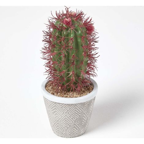 HOMESCAPES Denmoza Artificial Cactus with Flowers in Patterned Pot, 25 cm Tall