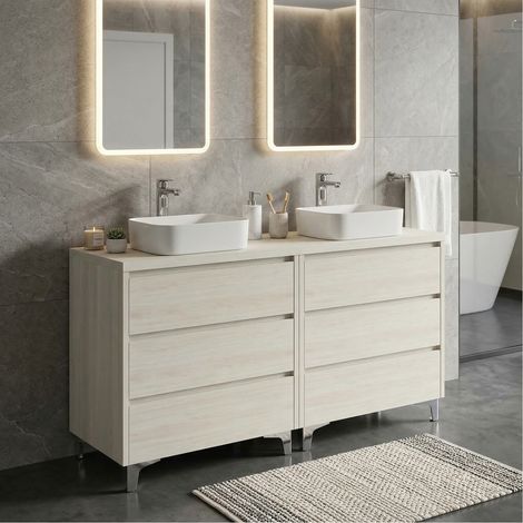 Saniverre – Meuble double vasque à poser L. 120 cm sur pied – 6 tiroirs en MDF mélaminé – Finition chêne blanchi – Vendu sans colonne (1/5)