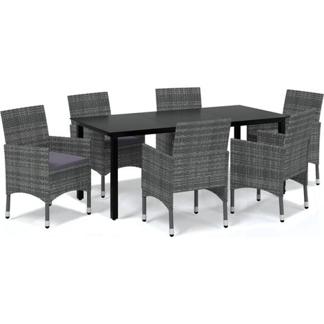 Mobili da pranzo e cuscini da giardino 7 pezzi in resina intrecciata grigia 020014912