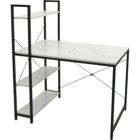 Escritorio con estante HHG-669, mesa para portátil mesa de oficina escritorio de trabajo, 100x60cm metal MDF, aspecto mármol blanco