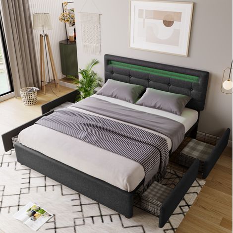 Letto matrimoniale 140x200 con 4 cassetti e LED OKMYHOME (1/5)