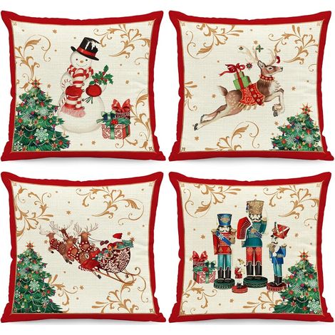 Fundas de cojín decorativas Cascanueces Rojas, juego de 4 (45 x 45 cm), fundas de almohada de lino, estilo rústico, con motivo de Cascanueces. (1/5)