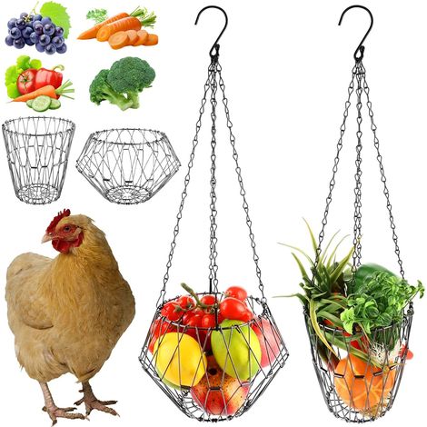 Lot de 2 distributeurs de nourriture à suspendre pour poulet, légumes, fruits, volaille, avec 4 chaînes de suspension pour poules, canards (1/5)