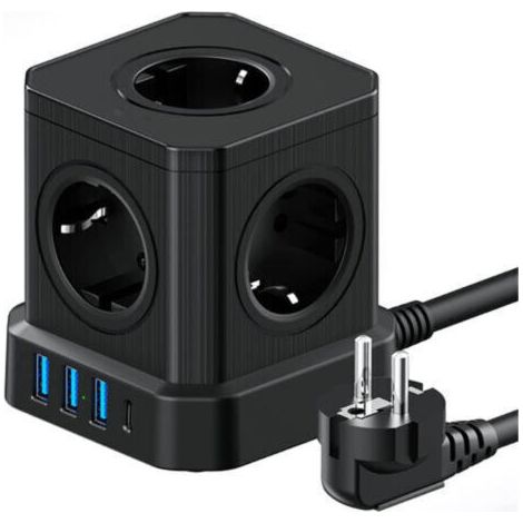 Multiprise Cube 9-en-1 avec USB 5 Prises EU avec 3 Ports USB-A et 1 Port USB-C 4000W Prise avec Interrupteur et Cable 2M Rallonge (1/4)