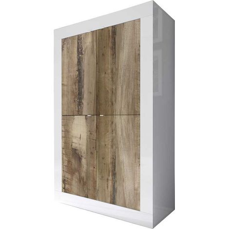 Buffet haut 4 portes, collection ISORA, coloris blanc laqué brillant et chêne clair (1/3)
