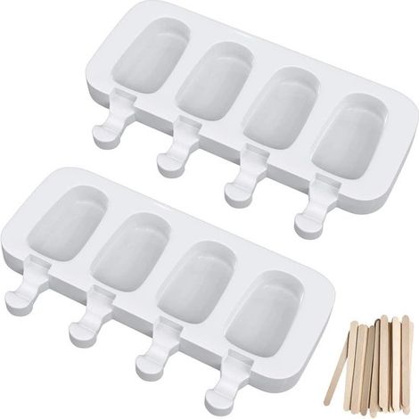 Lot de 2 moules à glaçons ovales – 4 cavités – 50 bâtonnets inclus – Silicone sans BPA – Blanc (1/5)