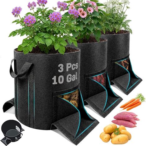 Sac de Plantation Géotextile, Lot de 3, 40L avec fenêtre de récolte Renforcé, pour pommes de terre, tomates et légumes (1/5)