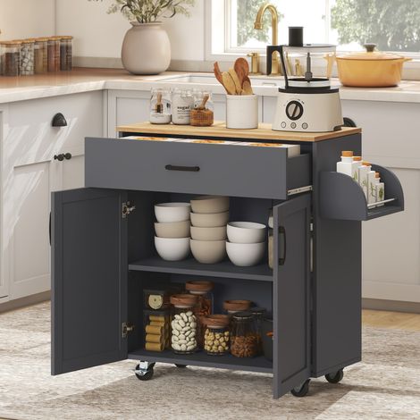 Îlot de cuisine 105x36x85 cm Gris avec roues avec armoire à tiroirs avec portes Porte-serviettes et porte-épices (1/4)