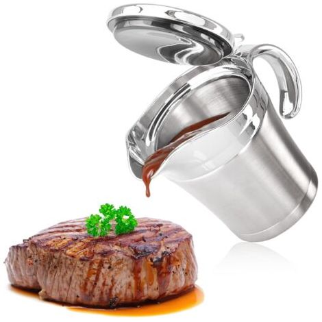 LaBlanc - Doppelwandige Saucenschüssel aus Edelstahl, isolierter Saucenbehälter mit Klappdeckel und Griff, hält Speisen warm oder kalt, spülmaschinenfest (silber, 450 ml) (1/5)