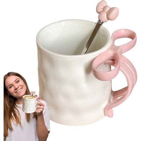 Mug – Tasse – Avec nœud rose – Céramique – Cuillère incluse – Motif nœud convient pour la maison, le bureau et un usage quotidien une jolie idée cadeau – Rose (1/5)